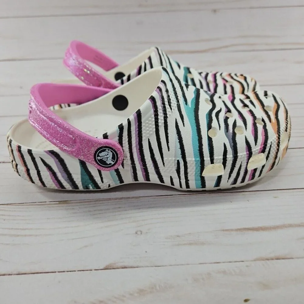 Crocs Kids Classic Size J5 Zebra Animal Print Striped Glitter‎ Clogs